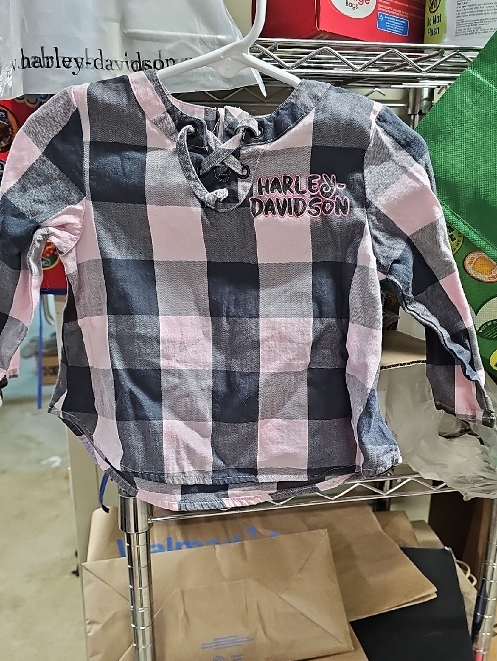 Harley-Davidson Pink and Gray Plaid Lace-Up Girls' Top